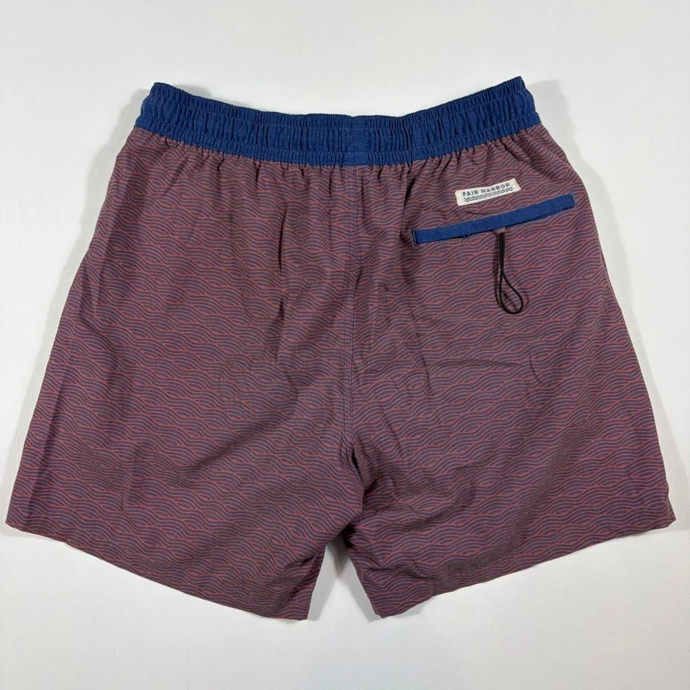 Fair Harbor Swim Shorts Mens Large Wave Pattern Recycled Polyester Red Blue